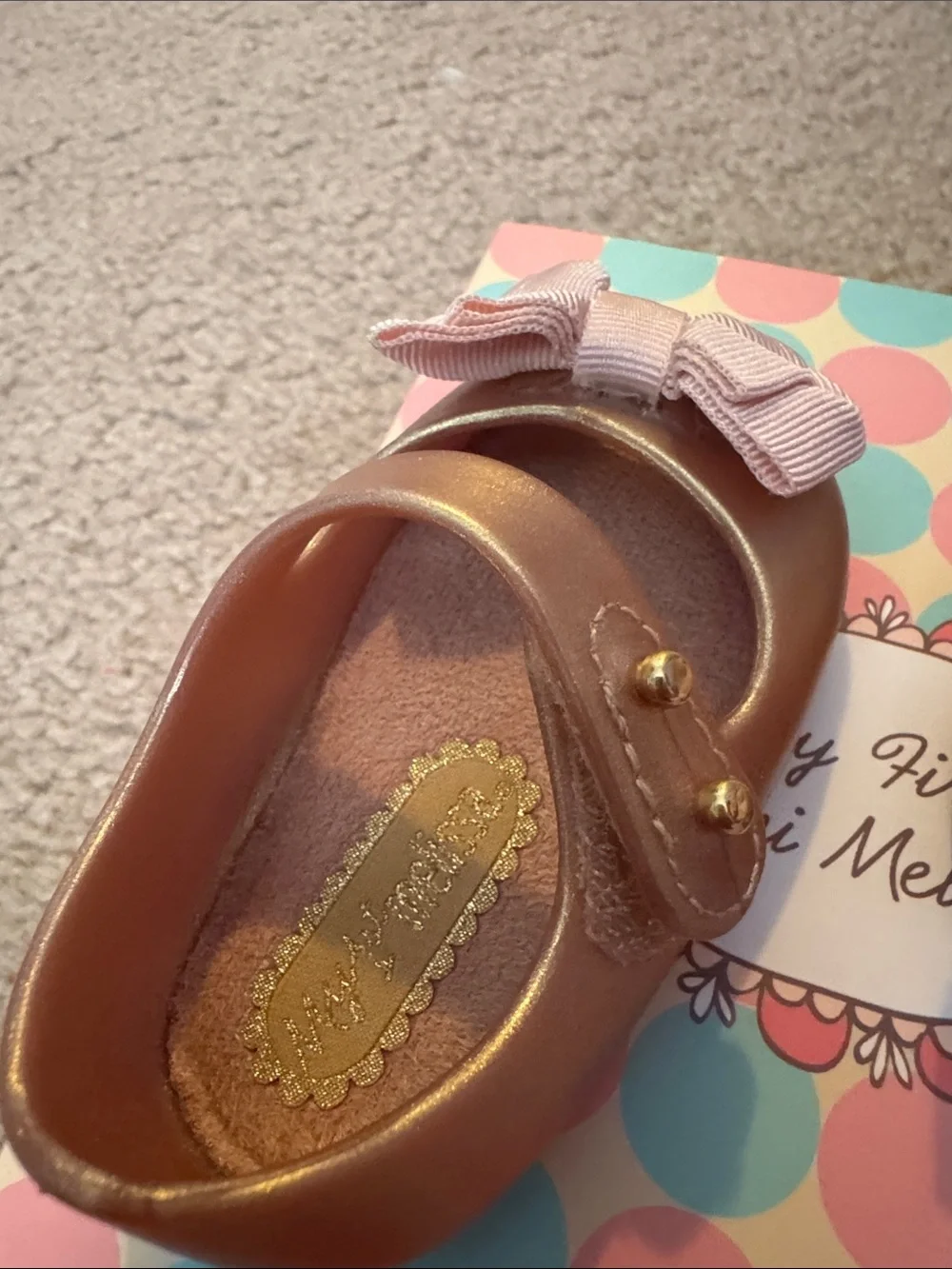Mini Melissa Metallic Rose Gold Mary Janes with Pink Fabric Bows. Used w/box